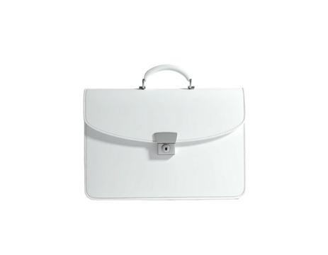 Sleek, white briefcase with a handle and clasp, isolated against a black background