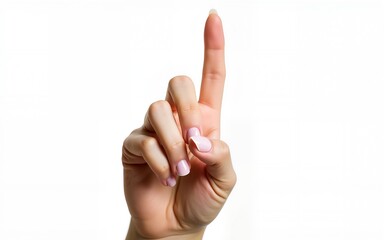 Young woman hand to hold something with two fingers isolated on white background. High quality