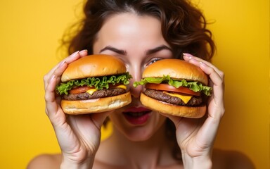 A woman holds two hamburgers in front of her face, possibly hiding or admiring them. High quality