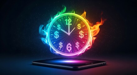 Fiery neon clock appears above smartphone displaying time in vibrant rainbow colors with money symbols