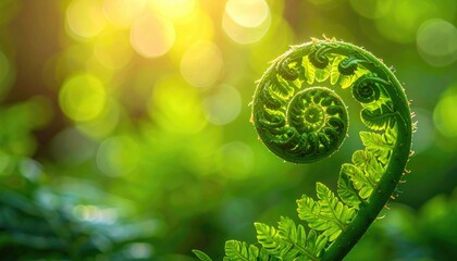 Close Up of a Vibrant Green Fern Frond Unfurling with Bokeh Lights in Lush Forest Background during Daytime