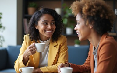 Millennial multiethnic female colleagues chat enjoying coffee break. High quality