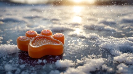 An orange paw-shaped object rests on a snowy surface during a sunny day.
