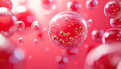 Pink spheres with gold inclusions float against a pink backdrop