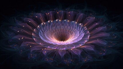 A luminous floral fractal blooms, with layered petals in purple and gold, against a dark, ethereal background