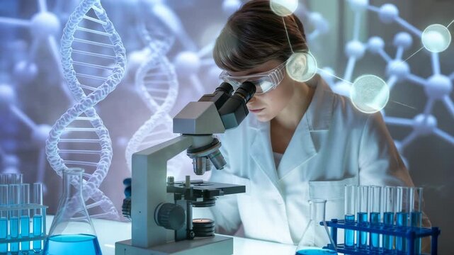 Female scientist using microscope in laboratory for medical research work - Powered by Adobe