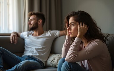 Offended angry woman sits on sofa at home after an argument with her husband. Broken marriage. High quality