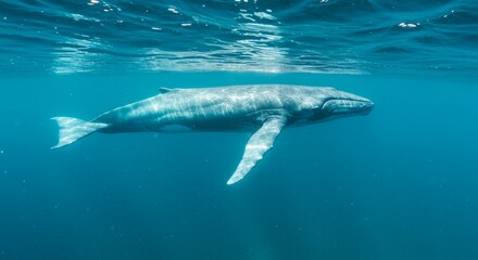 Naklejka premium Massive blue whale swimming in ocean, symbol of marine life and wildlife conservation, perfect for nature, ocean, and aquatic photography themes.