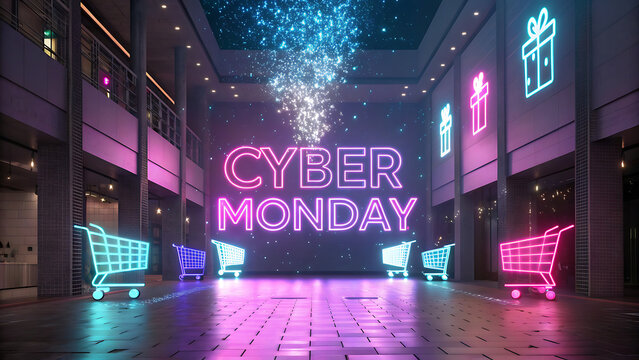 Vibrant cyber monday neon sign illuminates a futuristic shopping mall with glowing gift boxes and shopping carts signaling online retail deals