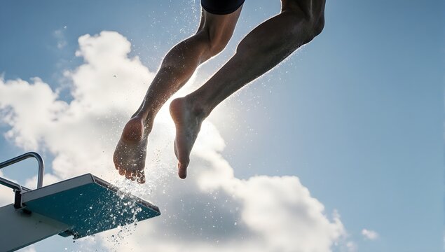 Summer swimmer dives from springboard sunny sky