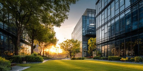 Obraz premium Modern Office Building at Sunset with Glass Facade Surrounded by Lawn and Trees in Urban Environment