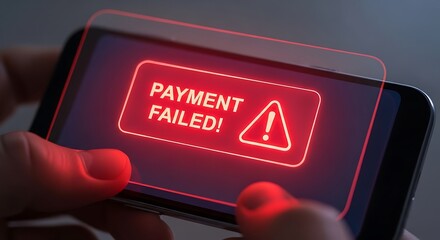 Frustrated user sees red error message 'payment failed' with warning symbol on smartphone screen during online transaction