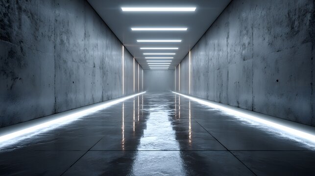 A futuristic interior architectural design showcases a long, symmetrical corridor with a reflective floor, flanked by textured concrete walls illuminated by rows of ceiling lights and vertical light. - Powered by Adobe