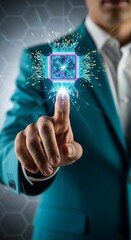 Futuristic businessman touching holographic circuit board with glowing digital data and technology in an abstract concept of innovation