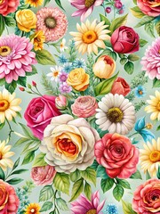 Colorful flower pattern with many different types of flowers