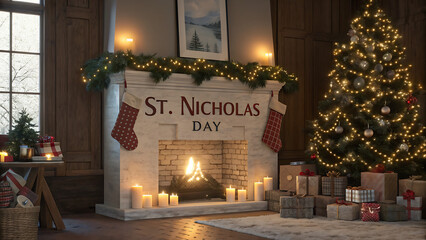 Cozy st nicholas day celebration by a warm fireplace with a decorated christmas tree and gifts