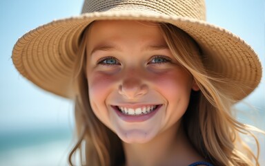 Portrait of a pretty young girl in straw hat. High quality