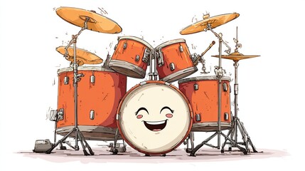 Cartoon-style orange drum set with expressive bass drum face and cymbal motion lines. On white background
