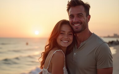 Smiling young couple two friends family man woman 20s in casual clothes hug girlfriend put head on boyfriend shoulder at sunrise over sea sand beach ocean outdoor seaside in summer day sunset evening.