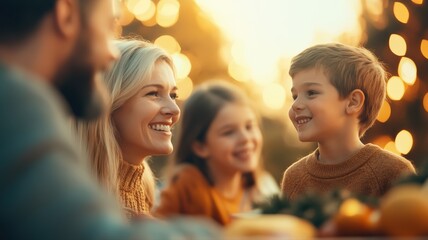 Fototapeta premium Happy family sharing joyful moments outdoors at golden hour with warm backlighting. Mother and son share loving smile, reflecting authentic connection and togetherness.