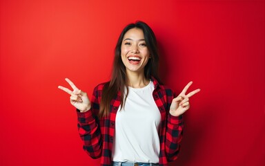 Young happy positive cool beautiful brunette woman with sincere emotions wearing white t-shirt and stylish red check shirt isolated over red background with copy space and showing two fingers