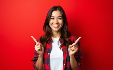 Young happy positive cool beautiful brunette woman with sincere emotions wearing white t-shirt and stylish red check shirt isolated over red background with copy space and showing two fingers
