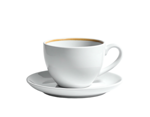 A white porcelain coffee cup with saucer, slight shadow, against a black background