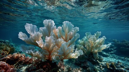 An underwater scene of an unhealthy coral reef beneath blue water. The corals appear pale and damaged, showing signs of bleaching and environmental stress, symbolizing marine ecosystem decline and cli