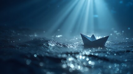 Serene paper boat gently floating on the water surface, illuminated by soft, atmospheric light rays piercing through the atmospheric elements, conveying a sense of tranquility and peacefulness with...