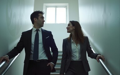 They're always chatting about success. Shot of two businesspeople walking down a staircase together in an office. High quality