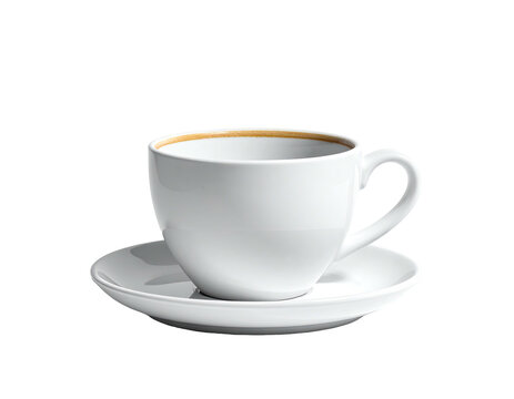 A white porcelain coffee cup with saucer, slight shadow, against a black background