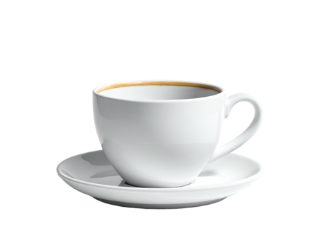 A white porcelain coffee cup with saucer, slight shadow, against a black background