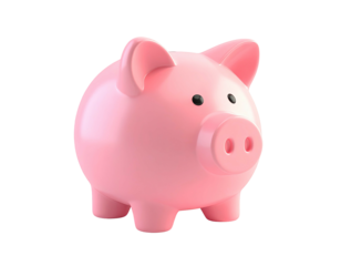 A glossy, pink piggy bank with small black eyes and a round snout, set against black
