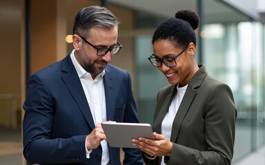 two colleagues discuss around a digital tablet. High quality