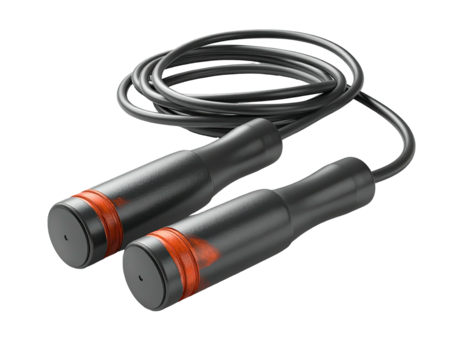 A black jump rope with orange bands on the handles, lying on a black backdrop