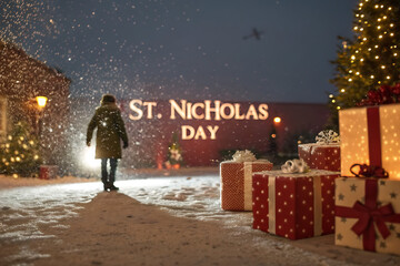 A lone figure walks through a snowy wonderland adorned with festive lights and gifts celebrating st nicholas day