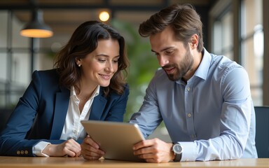 two colleagues discuss around a digital tablet. High quality