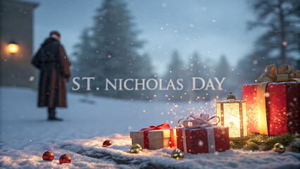 St nicholas day celebration with gifts and lanterns in a snowy winter wonderland scene