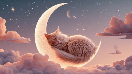 A fluffy orange cat sleeps peacefully on a crescent moon surrounded by soft clouds and twinkling stars in a dreamy night sky. - Powered by Adobe