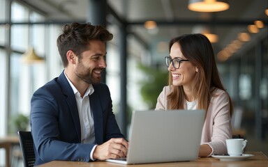 Young male and female business people working and communicating together. High quality