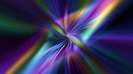 An abstract vortex of colorful light rays emanates from a central point, creating a dynamic, swirling visual
