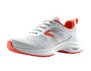 White and orange athletic shoe with mesh detailing, displayed on a black background