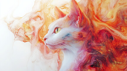 Elegant White Cat Profile Amidst Fiery Abstract Swirls and Golden Fluid Art