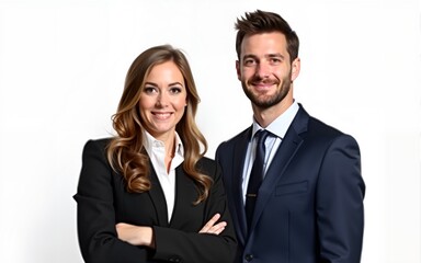 Portrait of two businesspeople looking at the camera against a white background. High quality