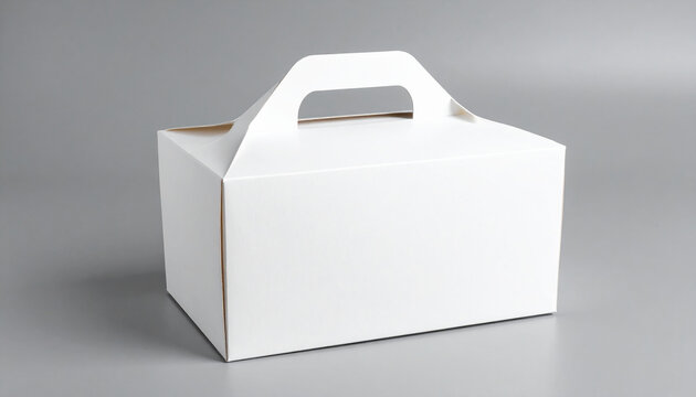 Cardboard white pastry box with handle isolated on gray surface, packaging template for cakes