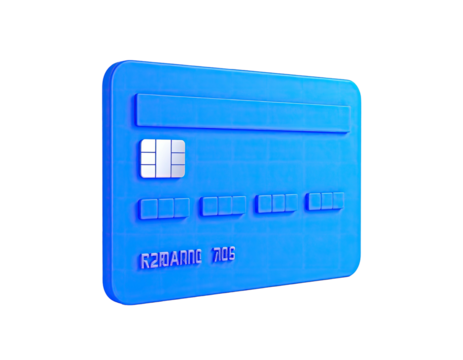 A bright blue rendered credit card with chip and numbers on a black background