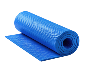 Rolled-up blue mat, partially unrolled, with visible textured surface