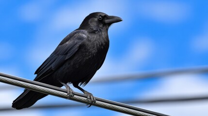 A solitary black bird perched gracefully on a wire against a soft blue sky creating a tranquil and serene atmosphere highlighting nature's beauty