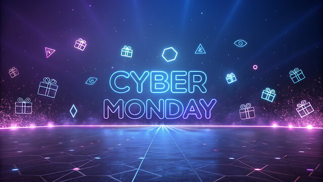Futuristic cyber monday neon sign with floating shopping icons and reflective ground evoking digital sales and online deals