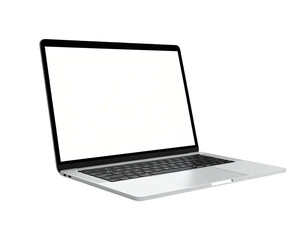 Angled shot of a silver laptop with a blank, white screen against black